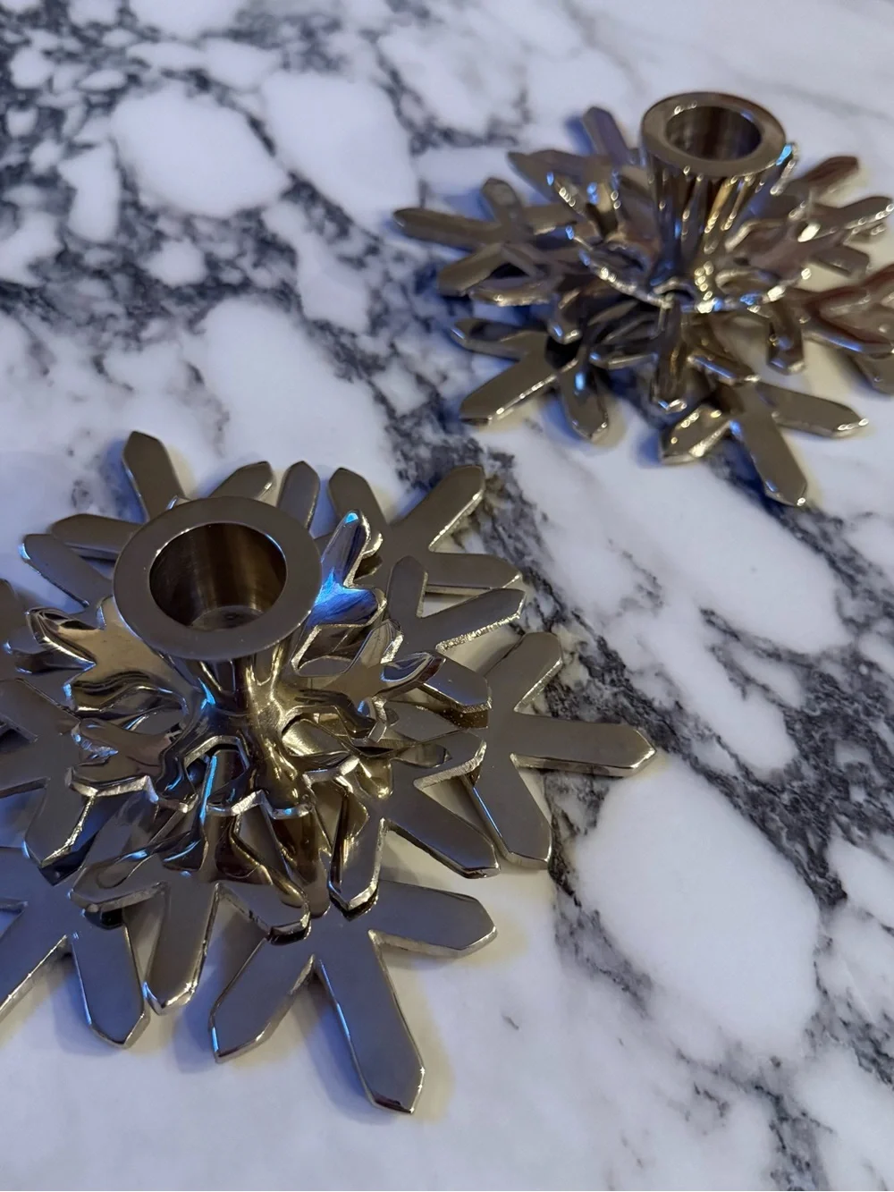Crate & Barrel Silver Metal Snowflake Taper Candle Holders - Set of 2